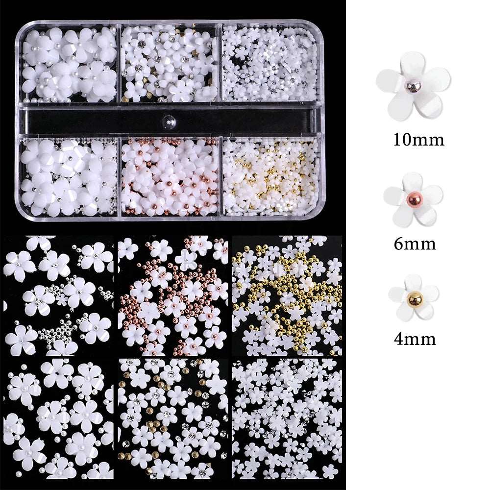 3D White Acrylic Flower For Nails Resin Charms Gold Beads Caviar Nail Decorations Mixed Rhinestones Kawaii Accessories GLSZCT150