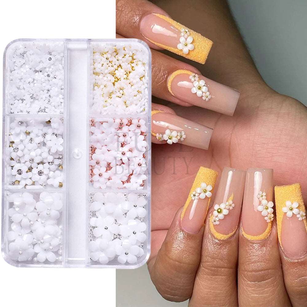 3D White Acrylic Flower For Nails Resin Charms Gold Beads Caviar Nail Decorations Mixed Rhinestones Kawaii Accessories GLSZCT150