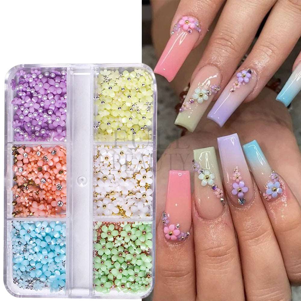 3D White Acrylic Flower For Nails Resin Charms Gold Beads Caviar Nail Decorations Mixed Rhinestones Kawaii Accessories GLSZCT150