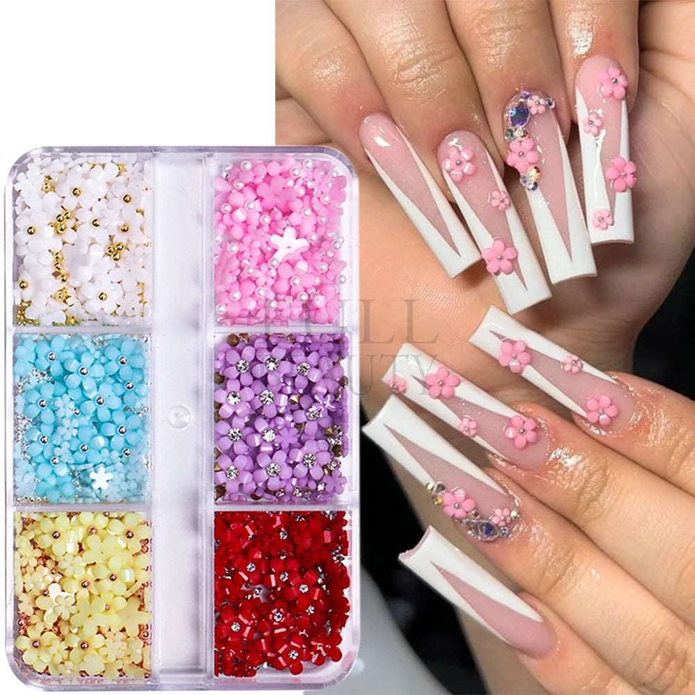 3D White Acrylic Flower For Nails Resin Charms Gold Beads Caviar Nail Decorations Mixed Rhinestones Kawaii Accessories GLSZCT150